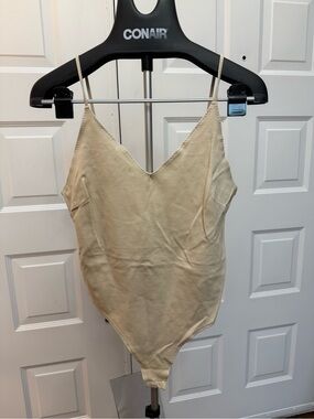 Shinestar Beige V-Neck Spaghetti Strap Bodysuit